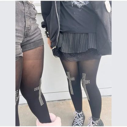 Retro Cross Print Stockings - Y2K Women's Stretch Hip-Hop Streetwear Socks for Casual & Cosplay Looks