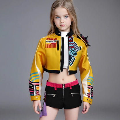 Children’s K-POP Cosplay Costume – Rumi Group Concert Outfit with Earring Accessories, Halloween Performance Clothes, Sizes 110-160