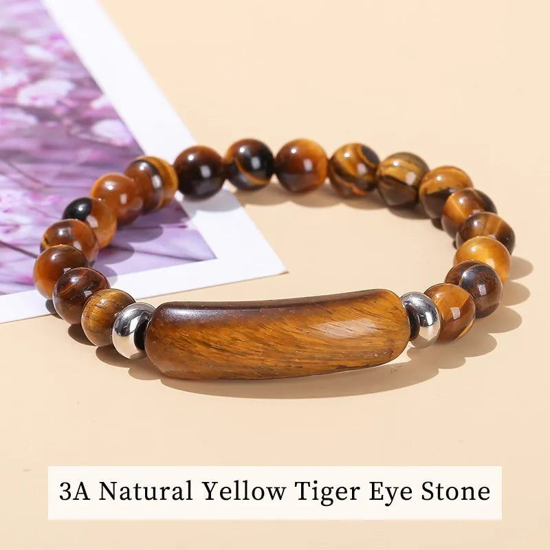 JD Natural Stone Tiger Eye & Amethyst Rectangle Bar Charm Bracelet – Healing Crystal Rough Chakra Jewelry for Men & Women Elastic Wrist Band