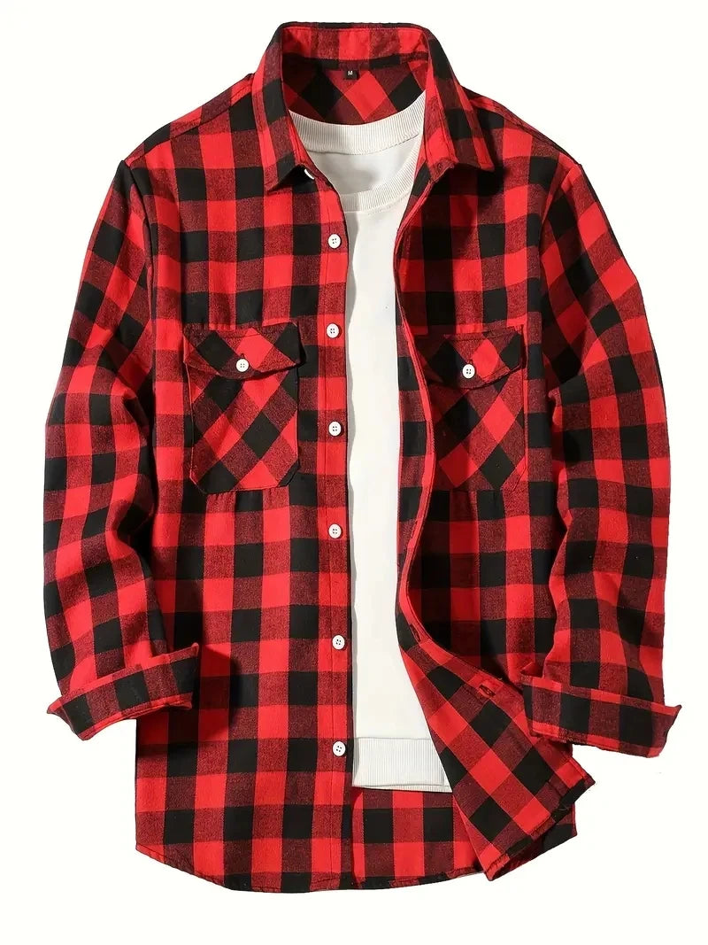 Men’s Brushed Cotton Flannel Shirt - Red Plaid Long Sleeve Business & Casual No-Iron Top