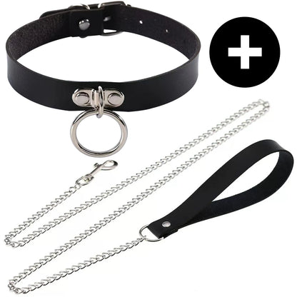 Gothic Punk PU Leather O-Ring Choker - Adjustable Collar Necklace for Women, Halloween & Alternative Fashion