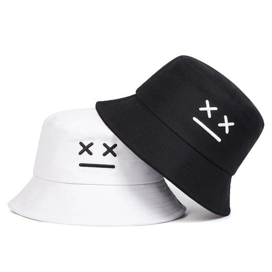 Unisex Smiling Face Embroidered Bucket Hat – Outdoor Casual Fisherman Cap with Sunscreen