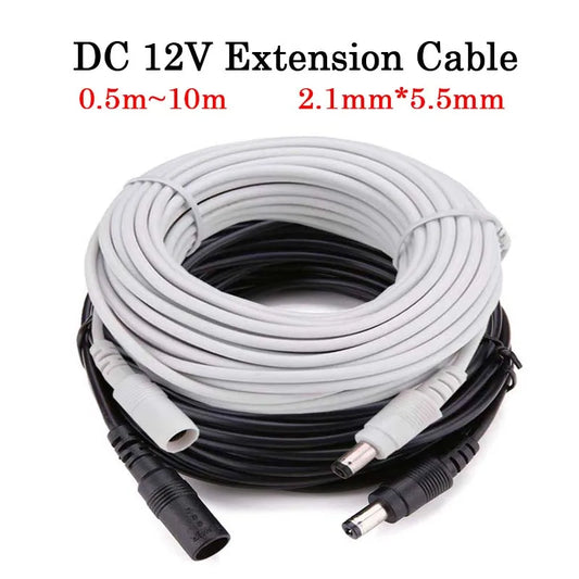 DC 12V 5.5mm x 2.1mm Extension Power Cable - Male to Female Wire for LED Lights, CCTV Cameras, 0.5m–10m Lengths