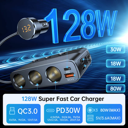 New 127W 7-in-1 Car Charger Splitter: PD30W QC3.0 Cigarette Lighter Adapter - Socket Splitter with Switch, Car Cigarette Lighter Accessory
