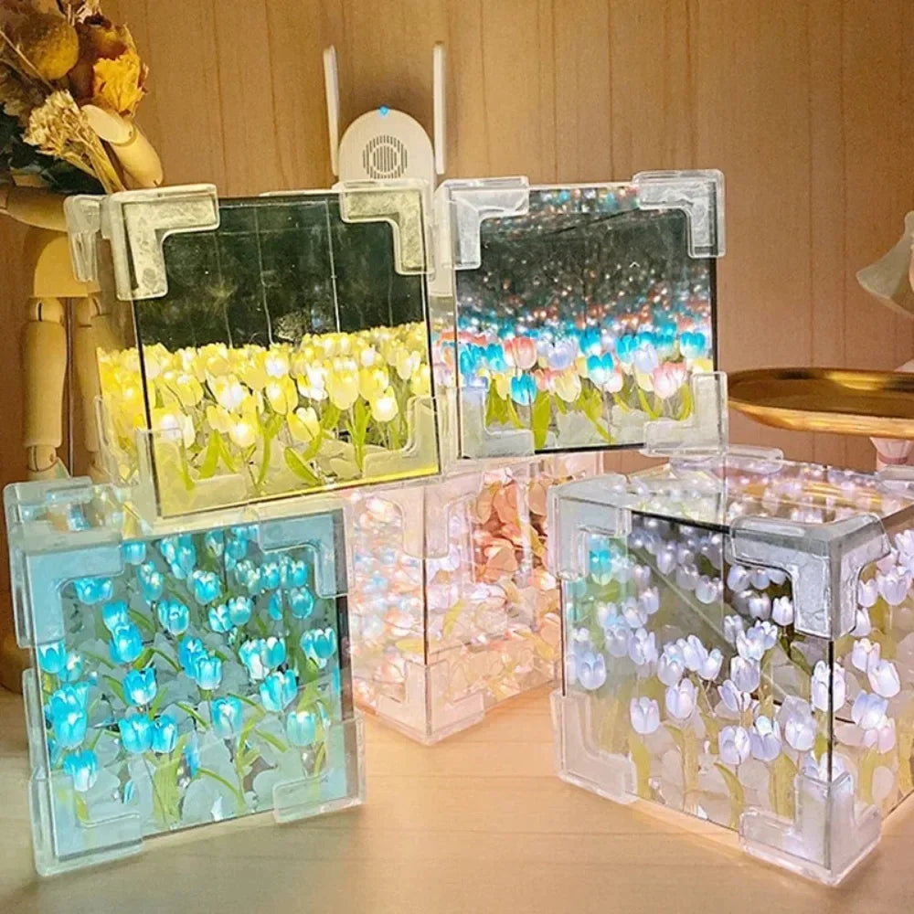 DIY Tulip Flower Sea Cube Night Lamp – 3D Creative Material Kit for Couples