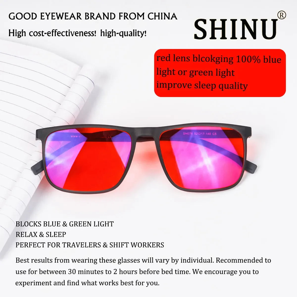 SHINU Blue Light Blocking Glasses – Red Lens Anti-Glare Eyewear for Men to Reduce Eye Strain