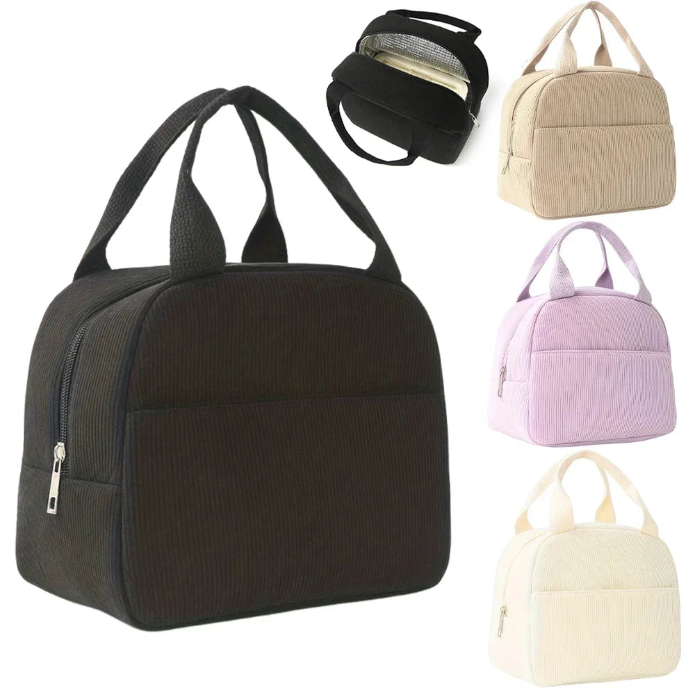 Reusable Thermal Insulated Bento Bag – Embroidered Corduroy Portable Lunch Bag for Kids, School, Travel, and Work Trips