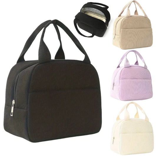 Reusable Thermal Insulated Bento Bag – Embroidered Corduroy Portable Lunch Bag for Kids, School, Travel, and Work Trips
