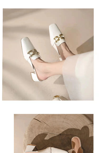 Fashion Women’s Half Slippers — Outdoor Med-Heeled Slides with Toe Chain Decoration, Luxury Square Heel Sandals 2023