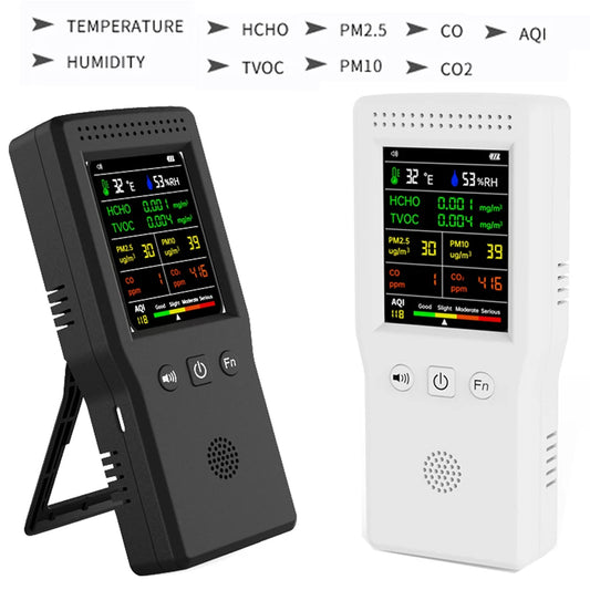 9-in-1 Air Quality Detector – Digital LCD Monitor for PM2.5, PM10, HCHO, TVOC, CO, CO2, AQI, Temperature, and Humidity