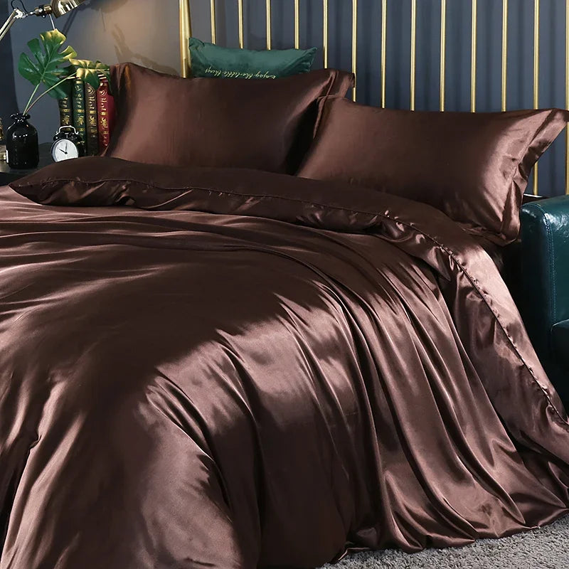 Silk Bedding Set With Duvet Cover - Luxury Satin Bed Sheet Pillowcase Set Solid Color King Queen Twin Size