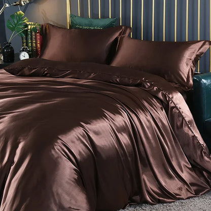 Silk Bedding Set With Duvet Cover - Luxury Satin Bed Sheet Pillowcase Set Solid Color King Queen Twin Size