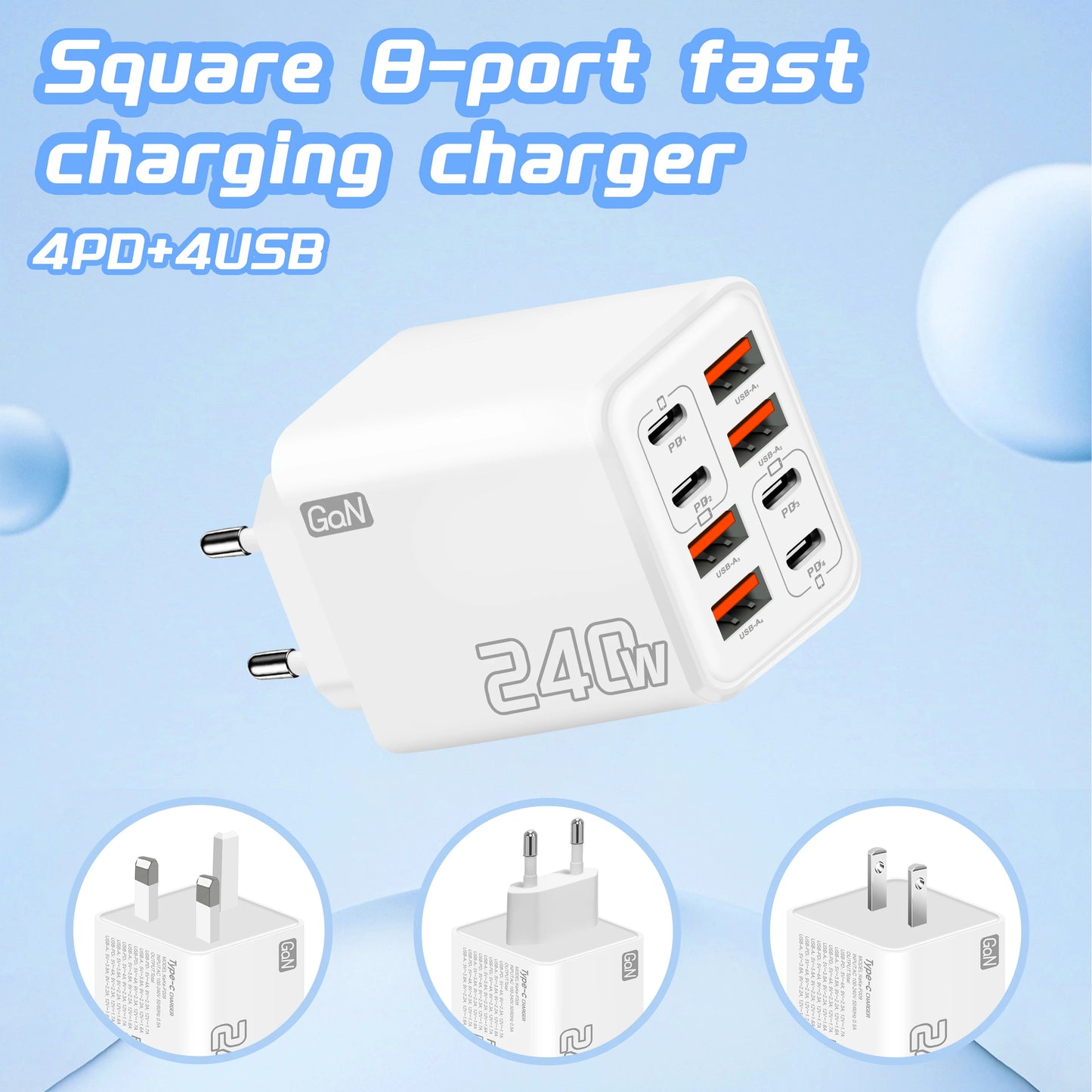 240W GaN USB C Charger - 8-in-1 Fast Charging Power Adapter for iPhone Samsung Xiaomi Devices