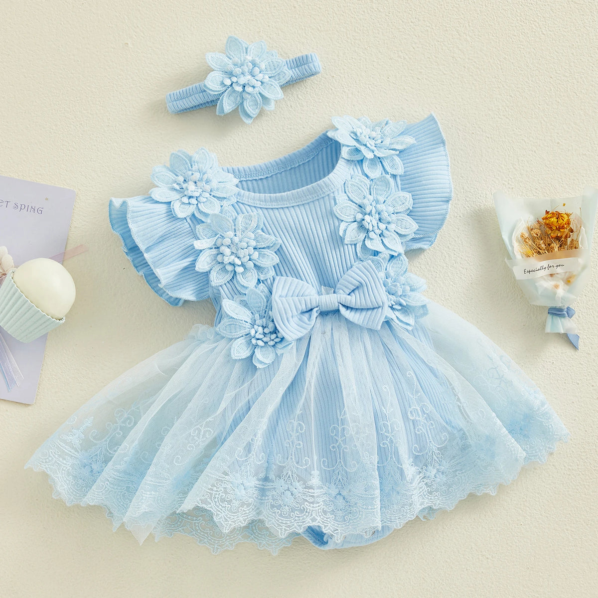 3D Flower Baby Girls’ Romper - Princess Mesh Lace Ruffle Bodysuit Dress with Headband