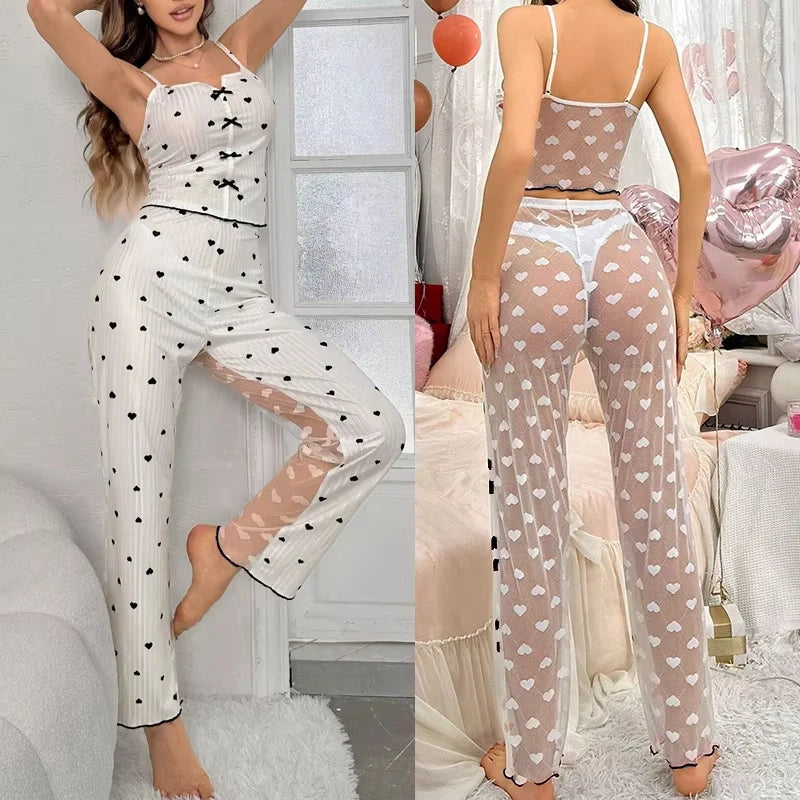 2-Piece Women’s Sexy Mesh Lace Pajama Set – Transparent Ribbed Strap Top & Pants Lounge Sleepwear