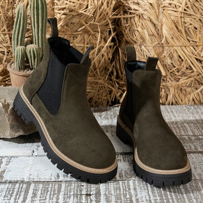 Women’s Winter 2025 Black Suede Ankle Boots – Platform Chelsea Casual Motorcycle Short Boots