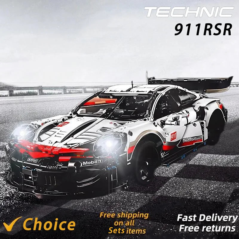 1580PCS Technical Electric Remote Control Car 911RSR – Lights & DIY Building Blocks, Compatible with 42096, Birthday Gift Toy for Kids