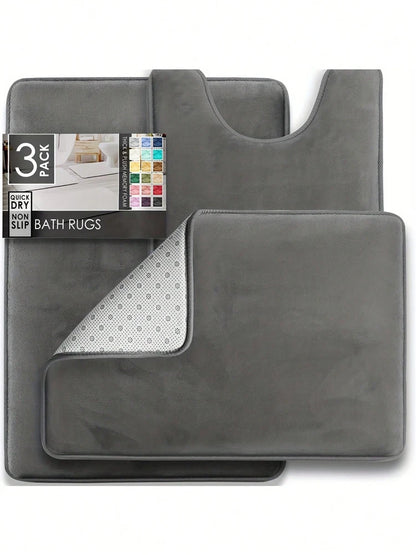 3PC Velvet Memory Foam Bathroom Rug Set - Ultra Soft, Non-Slip, Quick-Dry Machine Washable Bath Mats