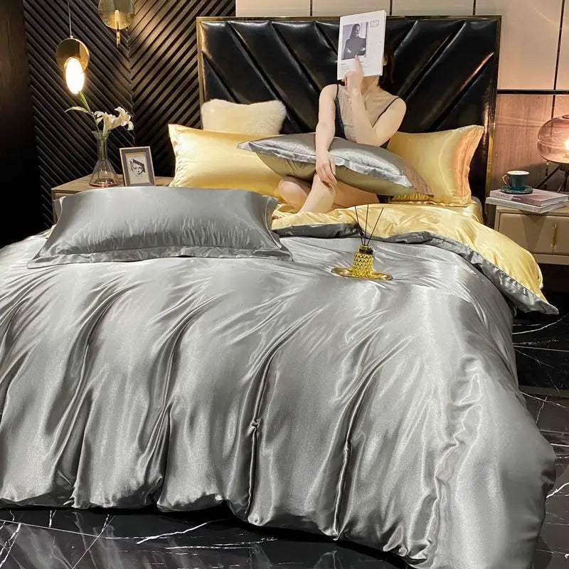 Solid Rayon Silk Bedding Set - Luxury Satin Duvet Cover Bed Sheet Pillowcase Set For King Single Double Couple Beds