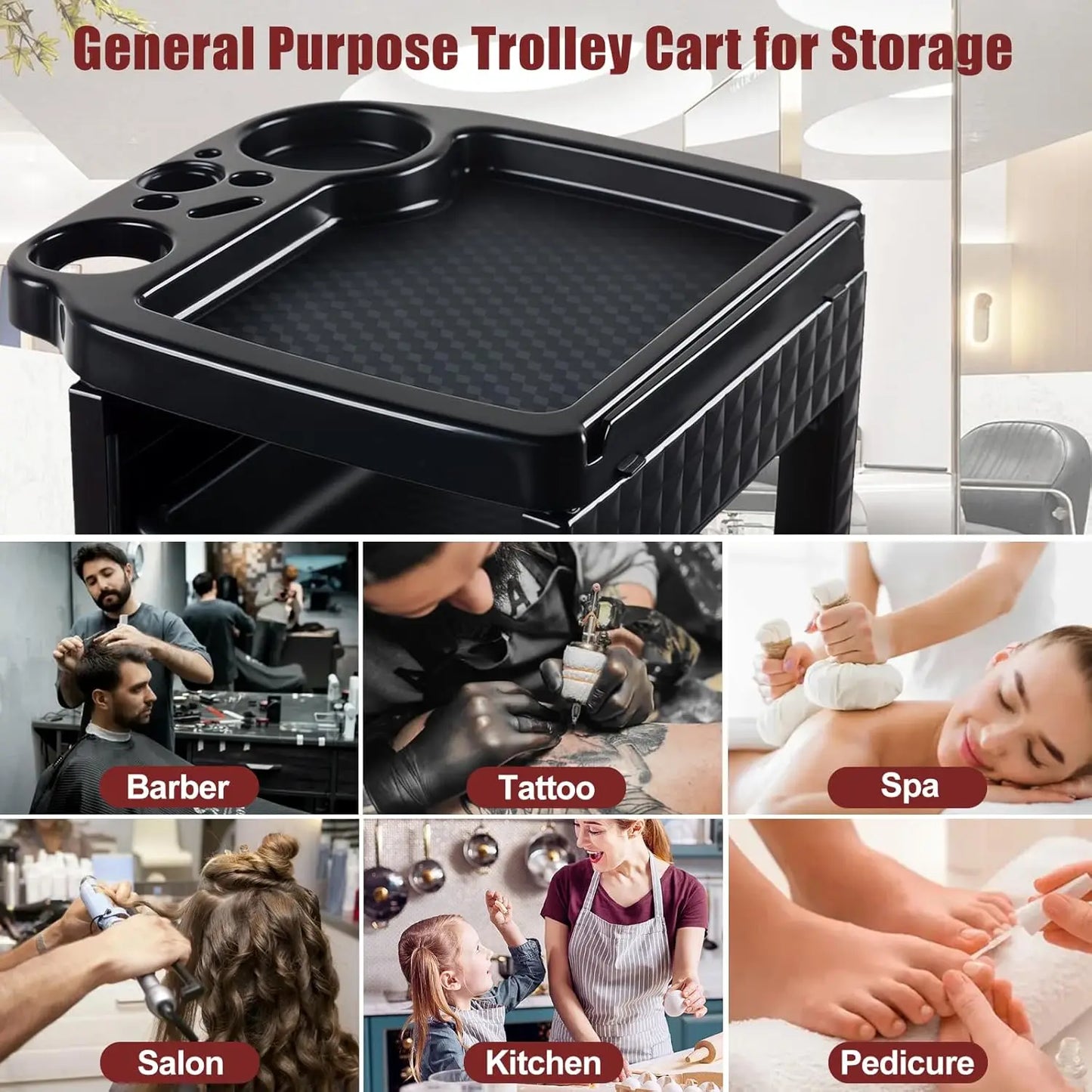 5-Tier Black Salon Rolling Cart – Mobile Hairdressing & Makeup Storage Trolley with Wheels for Nail and Cosmetology Supplies