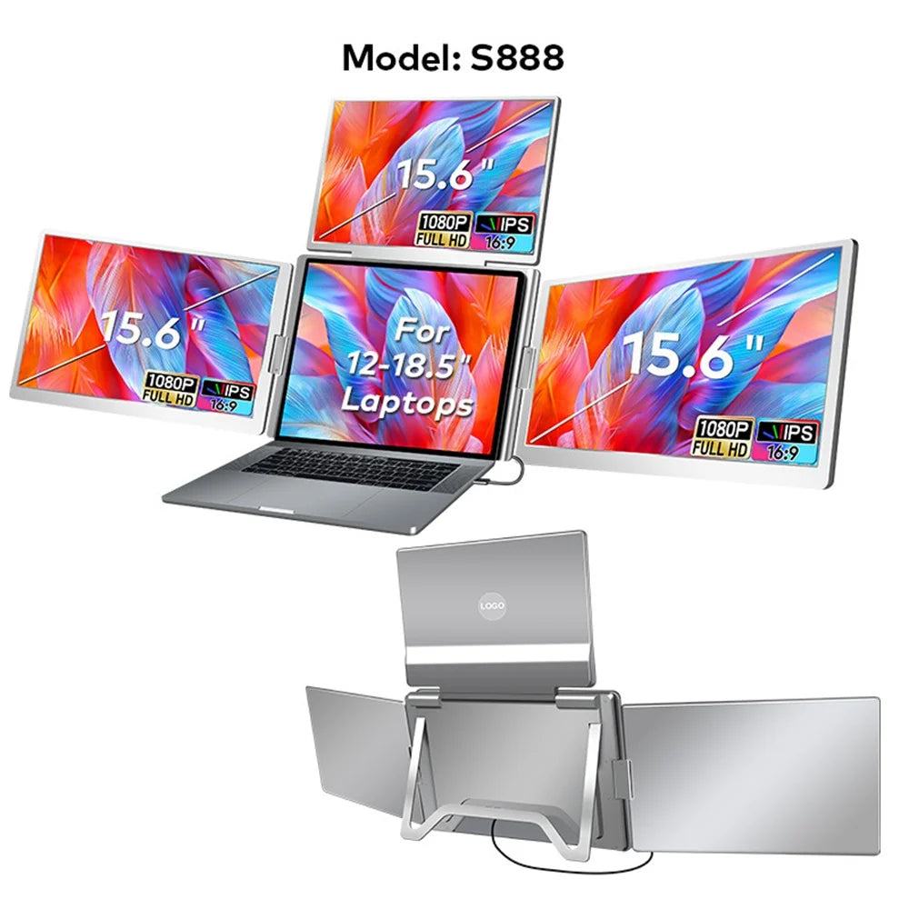 Triple Screen Portable LCD Monitor — FHD Backlit Secondary Display for Laptop with 1-Cable Connection