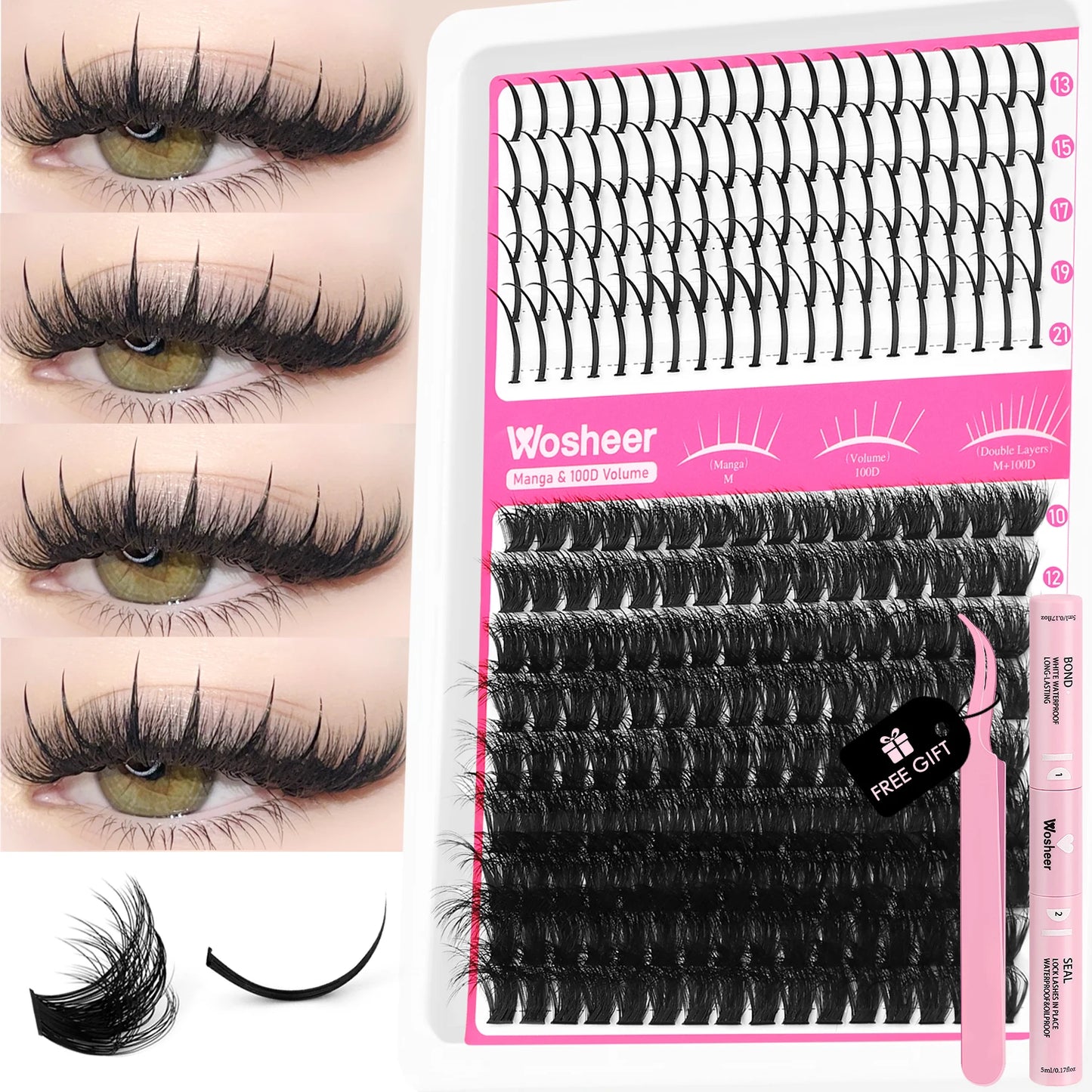 WOSHEER Lash Clusters Kit – Spiky Volume Individual Eyelash Extensions DIY Manga-Style Faux Mink Cluster Lashes