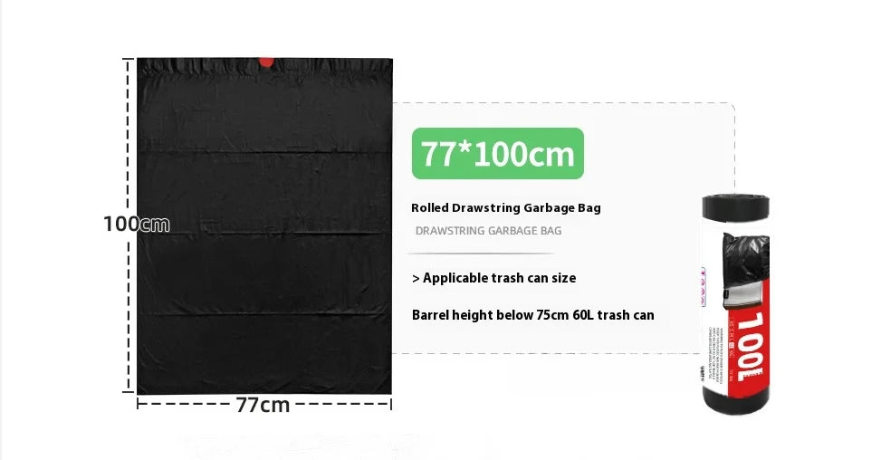 60/100L Large Kitchen Garbage Bags – 1 Roll (15 PCS) Thick Black Disposable Waste Bags with Drawstring Handles