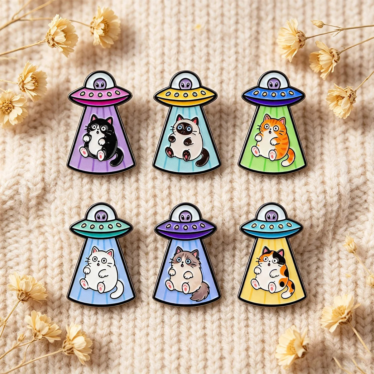 6-Piece UFO Cat Enamel Pin Set - Cartoon Alien Spaceship Brooches for Jackets, Backpacks, and Collectors’ Gifts