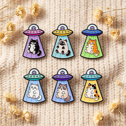 6-Piece UFO Cat Enamel Pin Set - Cartoon Alien Spaceship Brooches for Jackets, Backpacks, and Collectors’ Gifts