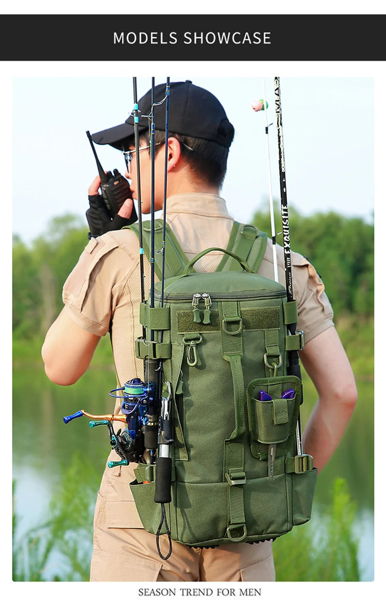 Tactical Fishing Backpack – Multifunctional Tackle Bag with Rod Holders, Molle Storage for Fishing, Camping & Hiking