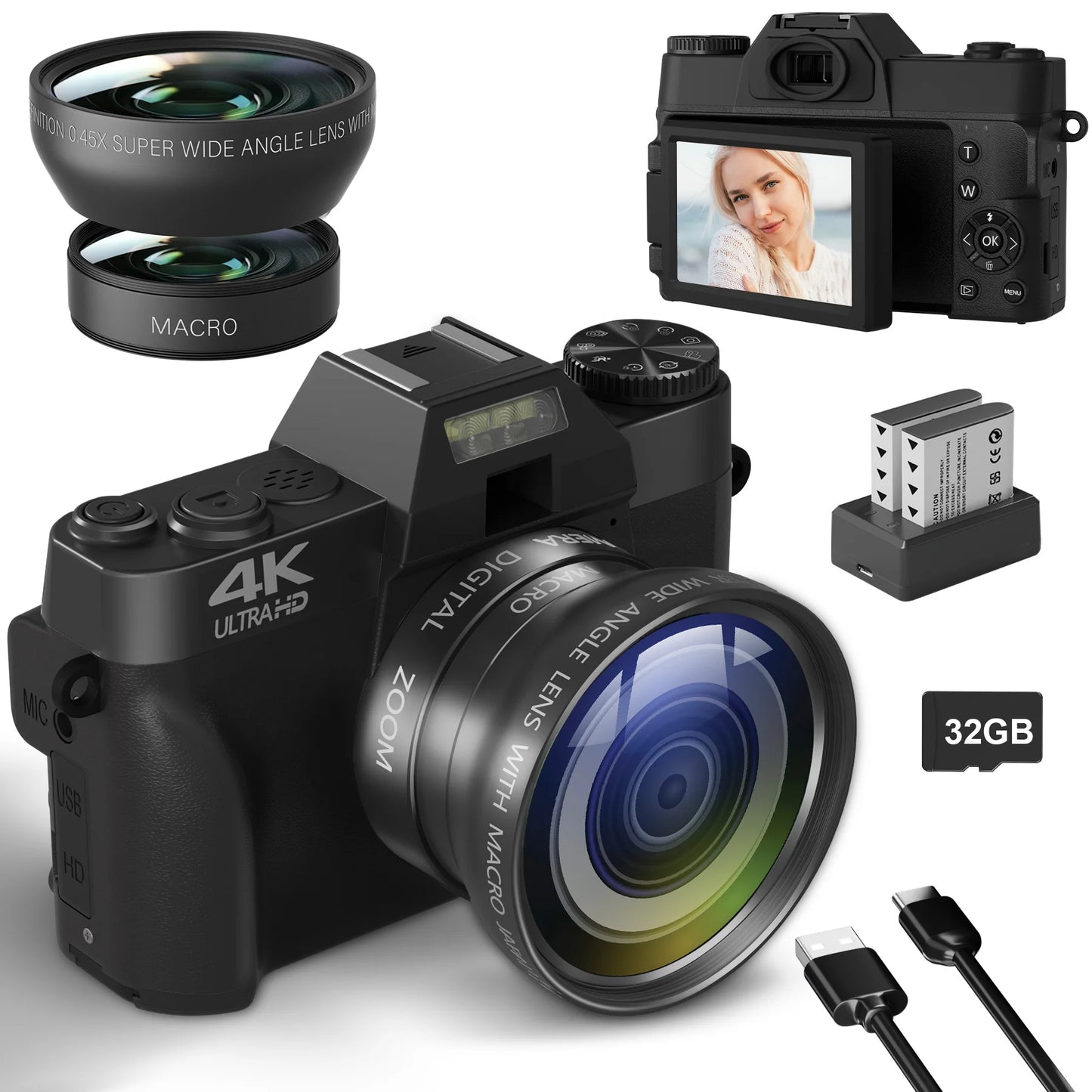Compact 4K Digital Camera – 64MP WiFi Webcam, Retro Vlog Recorder with 3-Inch Flip Screen & Wide Angle Lens for YouTube