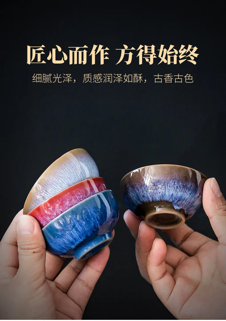 45ml Household Ceramic Teacup – Kiln Change Satin Blue Master Cup for Tea Tasting & Jianzhan Teahouse Teaware