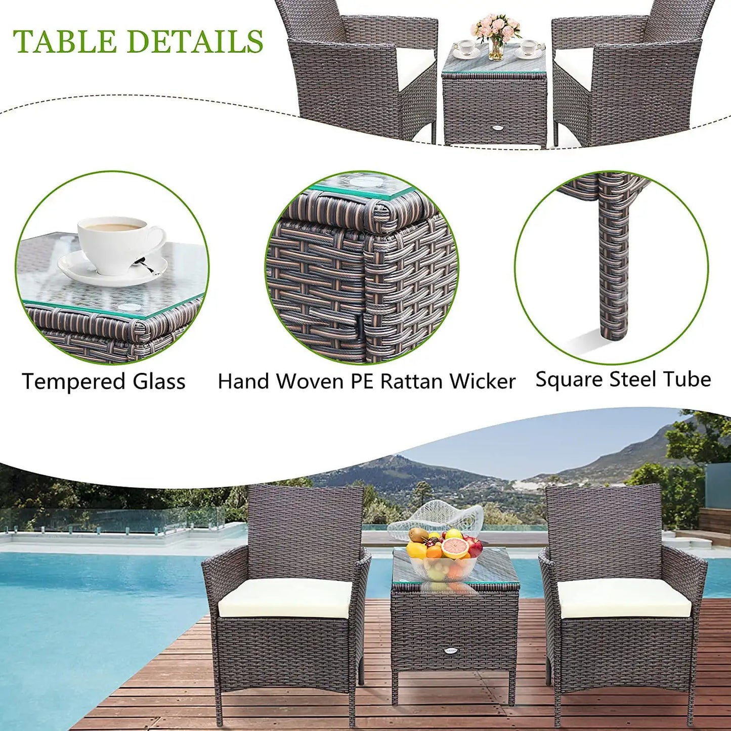 3-Piece Outdoor Patio Furniture Set – PE Rattan Wicker Bar Table & Chairs with Cushions & Tempered Glass, Brown/Beige