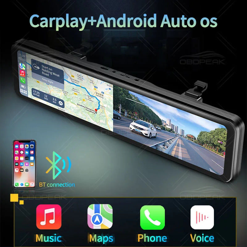 OBDPEAK K4 11.26" Rearview Mirror Dash Cam - 4K 3840x2160P, CarPlay, Android Auto, WIFI, GPS Navigation, Video Recorder