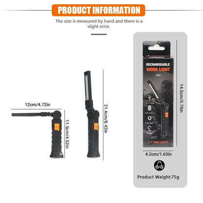 Portable COB LED Work Light - USB Rechargeable Magnetic Flashlight Camping Lantern with Hanging Hook