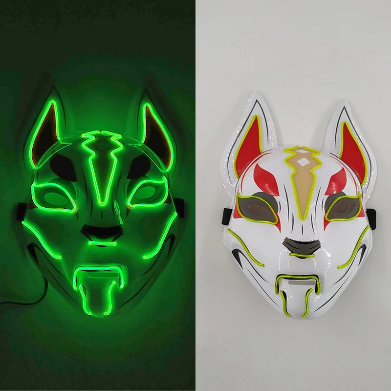 Glowing LED Fox Mask – Neon Japanese Anime-Inspired Samurai Cosplay Mask for Halloween, Christmas & Costume Parties