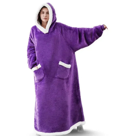 2024 Oversized Flannel Blanket Hoodie – Super Long Fleece Pullover with Sleeves for Winter