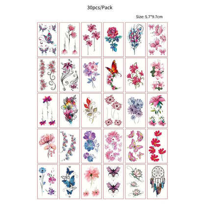 30pcs Black Temporary Tattoo Stickers - Flower Butterfly Rose Moon Star Mandala Designs for Hand, Chest & Body Art
