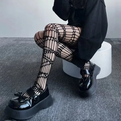 Lolita Gothic Fishnet Stockings - Black Sheer Over Knee Tights for Women