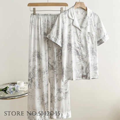 Fashion Floral Print Satin Pajamas Set for Women – Spring Summer Loose Sleepwear Loungewear Homewear Suit