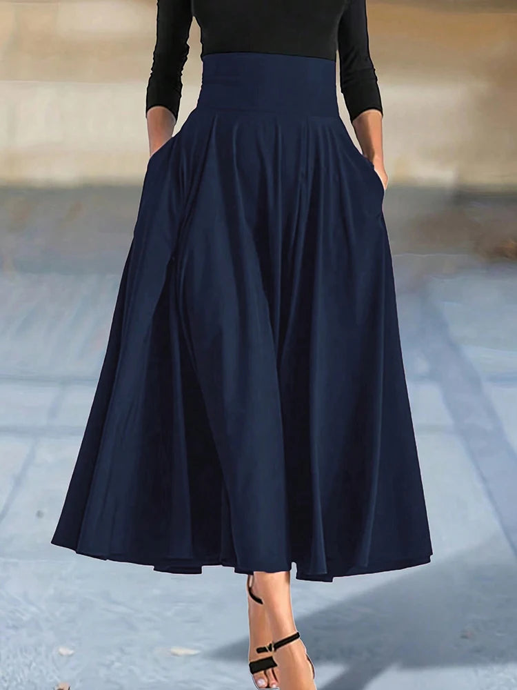 Women’s Solid Color A-Line Skirt – High Elastic Waist Long Elegant Skirt with Bow Detail Casual Fashion Skirt for Women Clothing