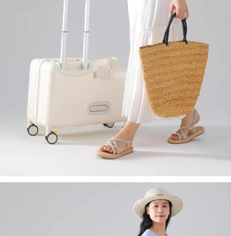 18-Inch Foldable Kids Suitcase with Seat – Lightweight PC Luggage for Boys & Girls, Compact Travel Pedal Boarding Case