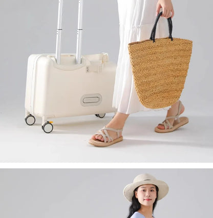 18-Inch Foldable Kids Suitcase with Seat – Lightweight PC Luggage for Boys & Girls, Compact Travel Pedal Boarding Case