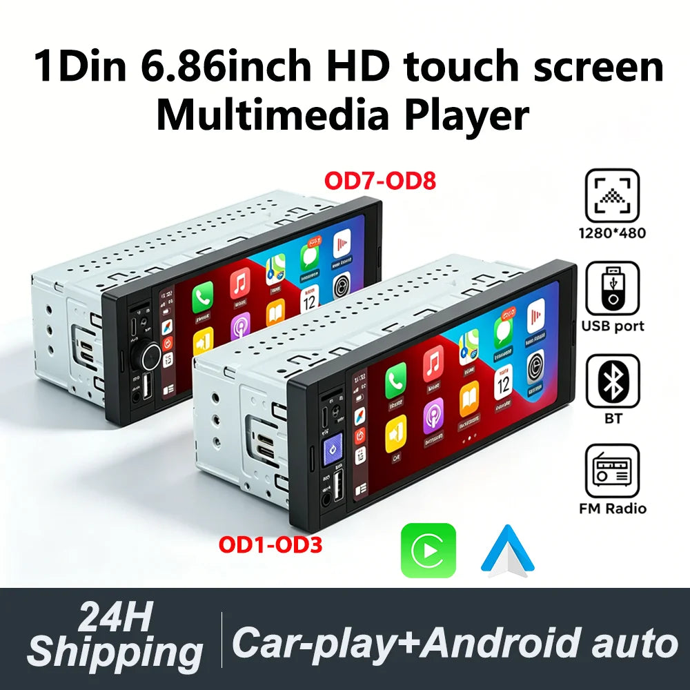 6.86" 1-DIN Car Stereo - HD Touchscreen Wireless CarPlay Bluetooth FM USB Multimedia Player