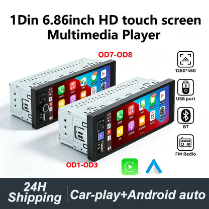 6.86" 1-DIN Car Stereo - HD Touchscreen Wireless CarPlay Bluetooth FM USB Multimedia Player