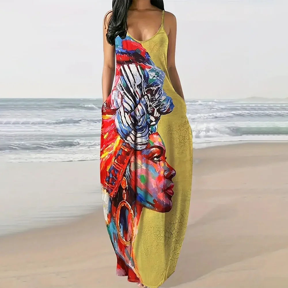 Women’s Summer 3D Butterfly Print Dress – Black & White Sleeveless Spaghetti Strap Loose Long Vest Dress, Plus Size Vintage Style
