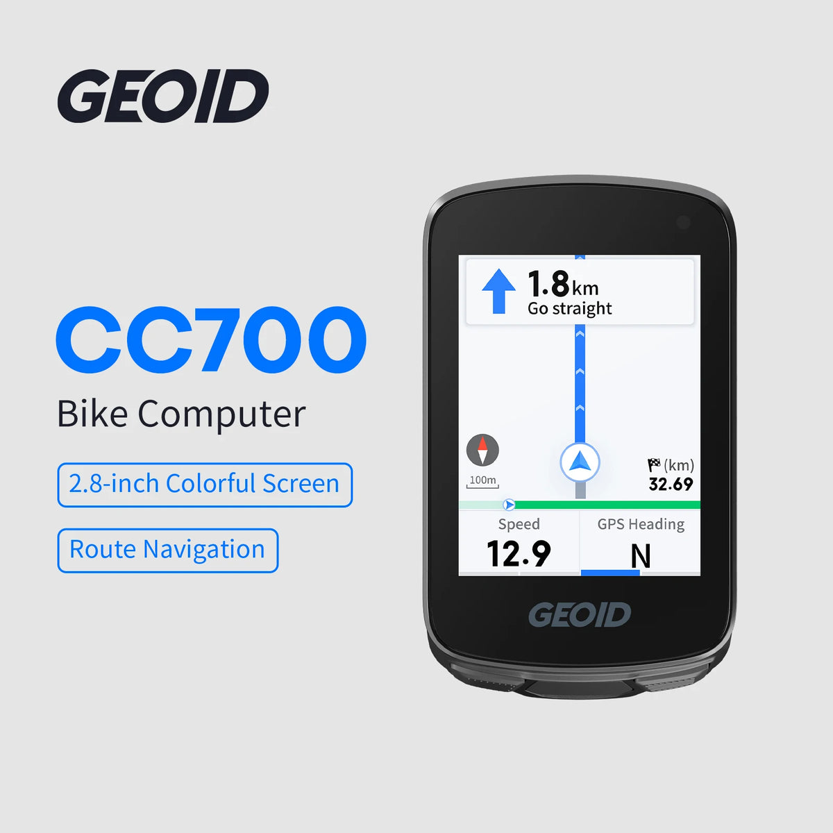 GEOID CC700 GPS Bike Computer - 2.8-Inch Color Screen Cycling Speedometer with Route Navigation, WiFi & Waterproof Design