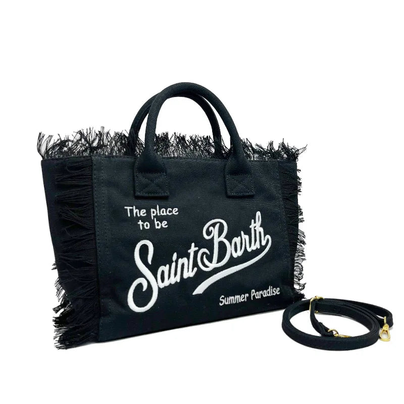 SAINT BARTH Houndstooth Crossbody Bag – Small Cotton Linen Handmade Tote with Tassels for Women