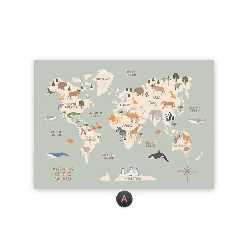 Pastel Animal World Map Canvas Wall Art – Educational Nordic Poster Print for Kids Room Decoration & Nursery Home Decor