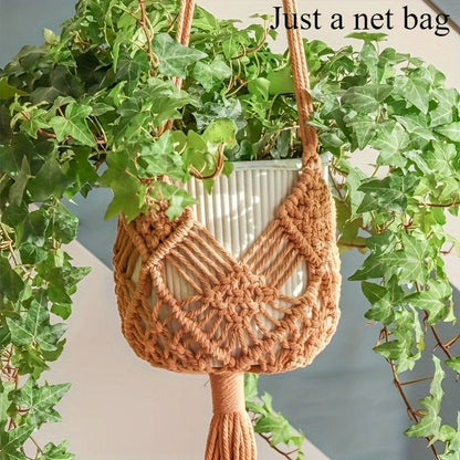 Boho Macrame Plant Hanger – Cotton Rope Woven Basket with Net Pouch for Indoor & Outdoor Hanging Succulents